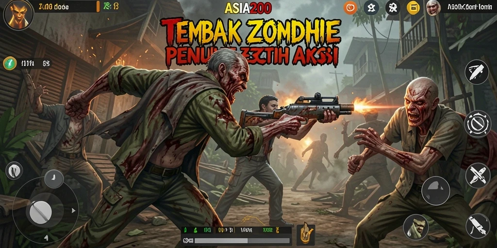 Tampilan antarmuka game ASIA200 saat bertempur melawan zombie.