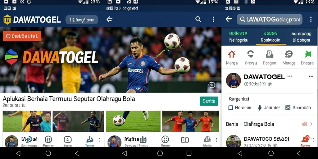 Antarmuka aplikasi DAWATOGEL menampilkan berita olahraga bola terbaru.